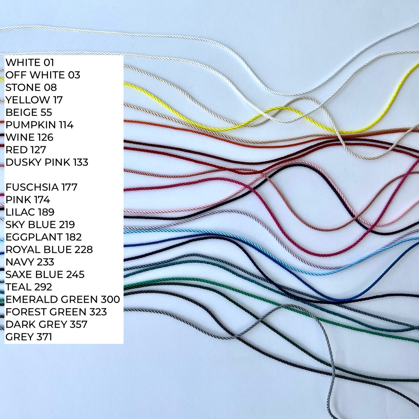 1.5mm Rayon Silky Twisted Cord - close up 23 beautiful colours of silky rayon cord