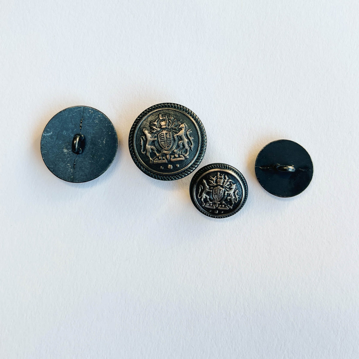 close up of British Royal Coat of Arms, Unicorn Shield Buttons - 15mm + 20mm / Antique Silver