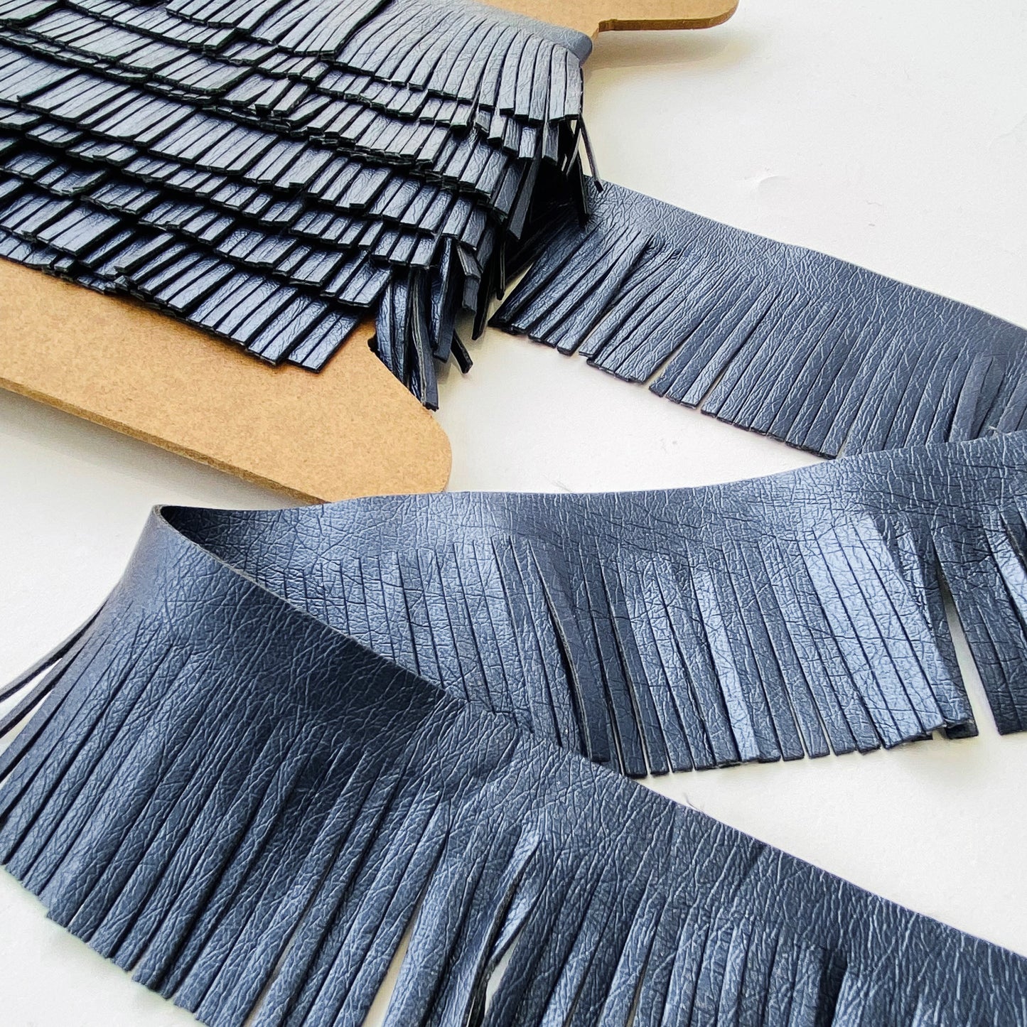 5cm Metallic Blue Faux Leather Fringe
