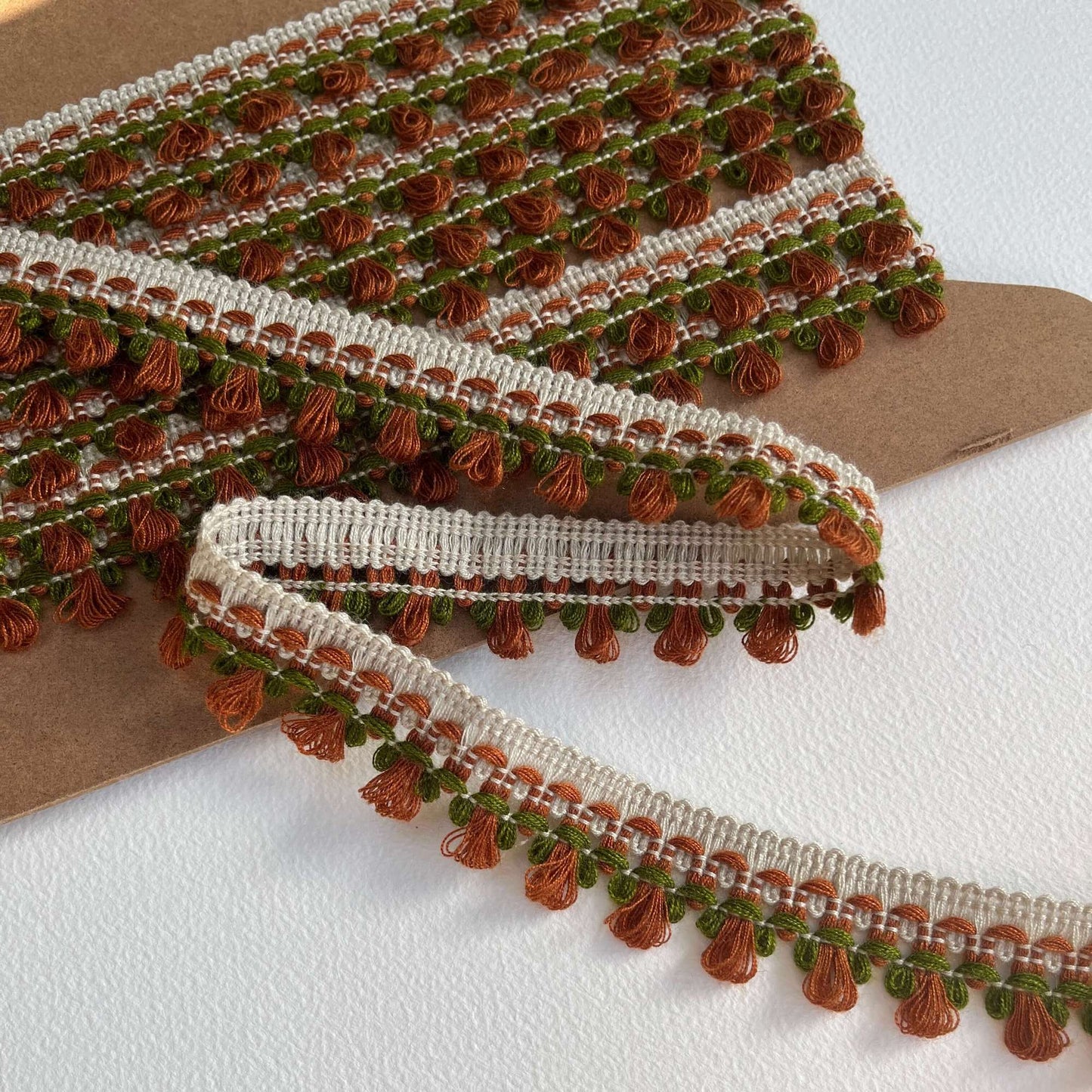 Mini Tassel Fringe Trim - olive & chestnut