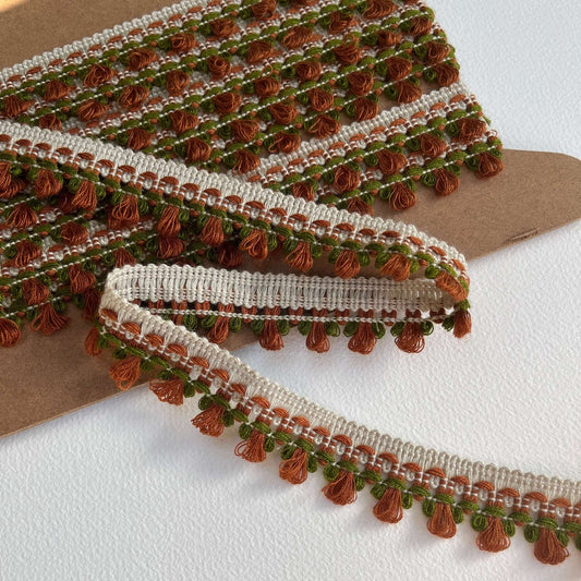 Mini Tassel Fringe Trim - olive & chestnut