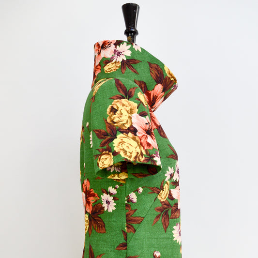 Green Barkcloth dress with vintage flower print The French Dart Shift Dress indie sewing pattern, contemporary and modern sewing patterns made in the UK With 3 sleeve options, she is so easy and versatile to wear, you will be reaching for her every day.