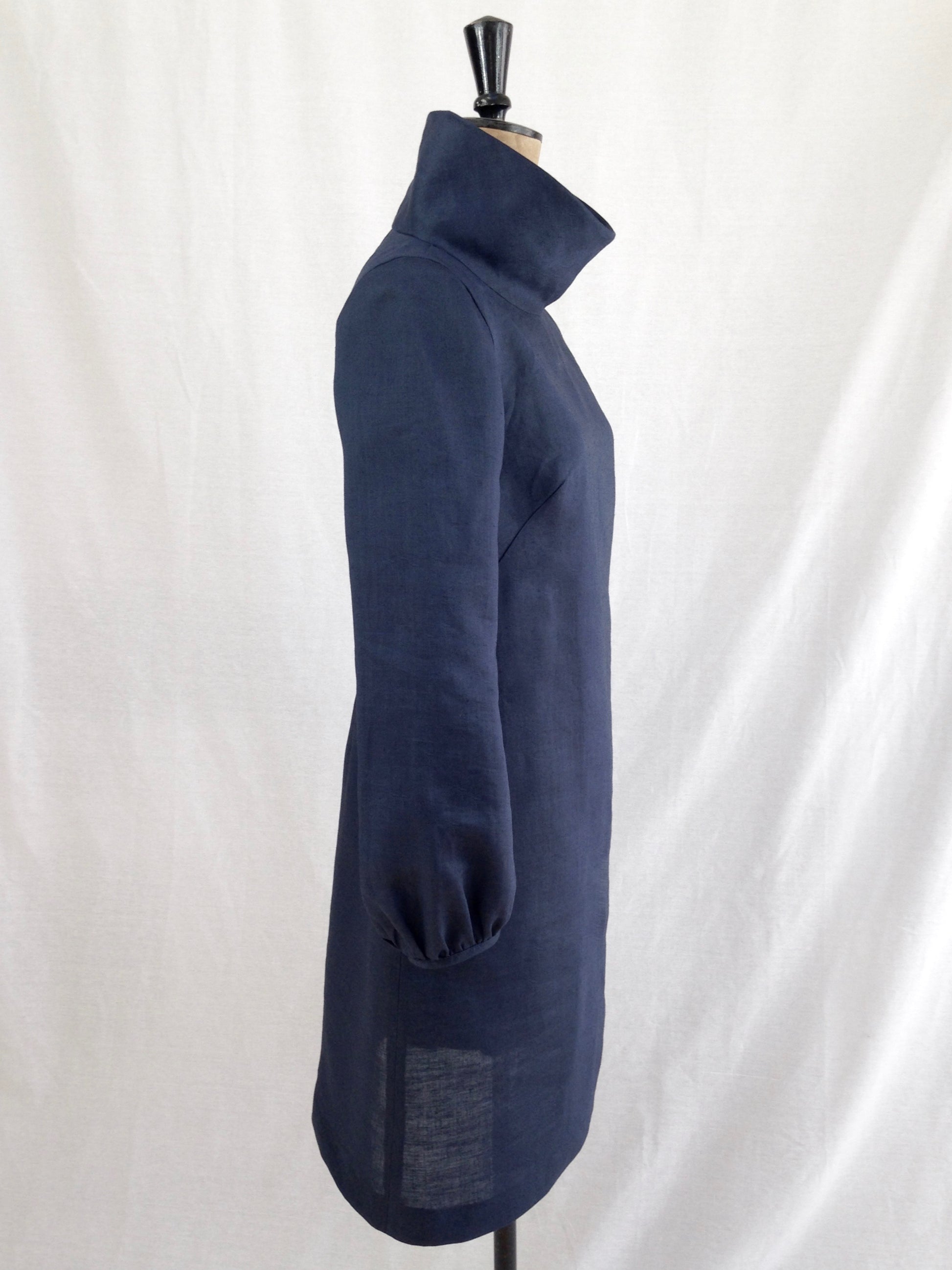 The French Dart Shift Dress indie sewing pattern, contemporary and modern sewing patterns made in the UK With 3 sleeve options, she is so easy and versatile to wear, you will be reaching for her every day. Shift dress with long Bishop sleeve in Navy Linen