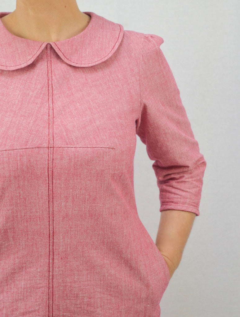 The Kitty Dress sewing pattern with a peter pan collar and long sleeve. Indie sewing patterns, contemporary and modern sewing patterns made in the UK.