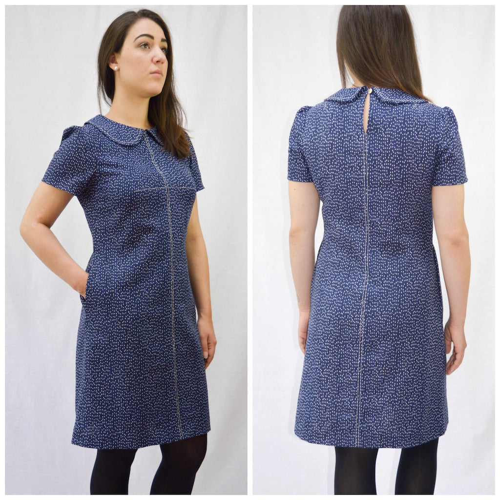 The Kitty Dress sewing pattern with a peter pan collar and long sleeve. Indie sewing patterns, contemporary and modern sewing patterns made in the UK.
