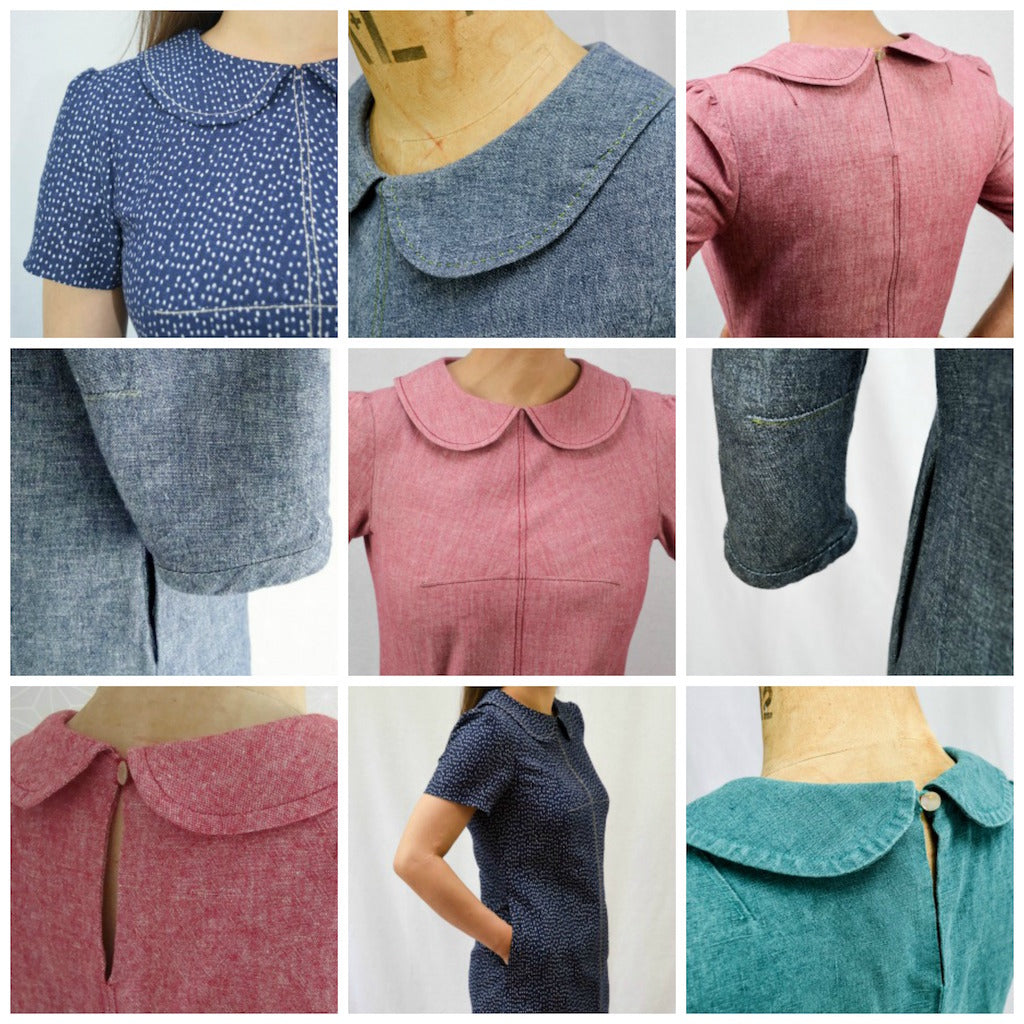 The Kitty Dress sewing pattern with a peter pan collar and long sleeve. Indie sewing patterns, contemporary and modern sewing patterns made in the UK.