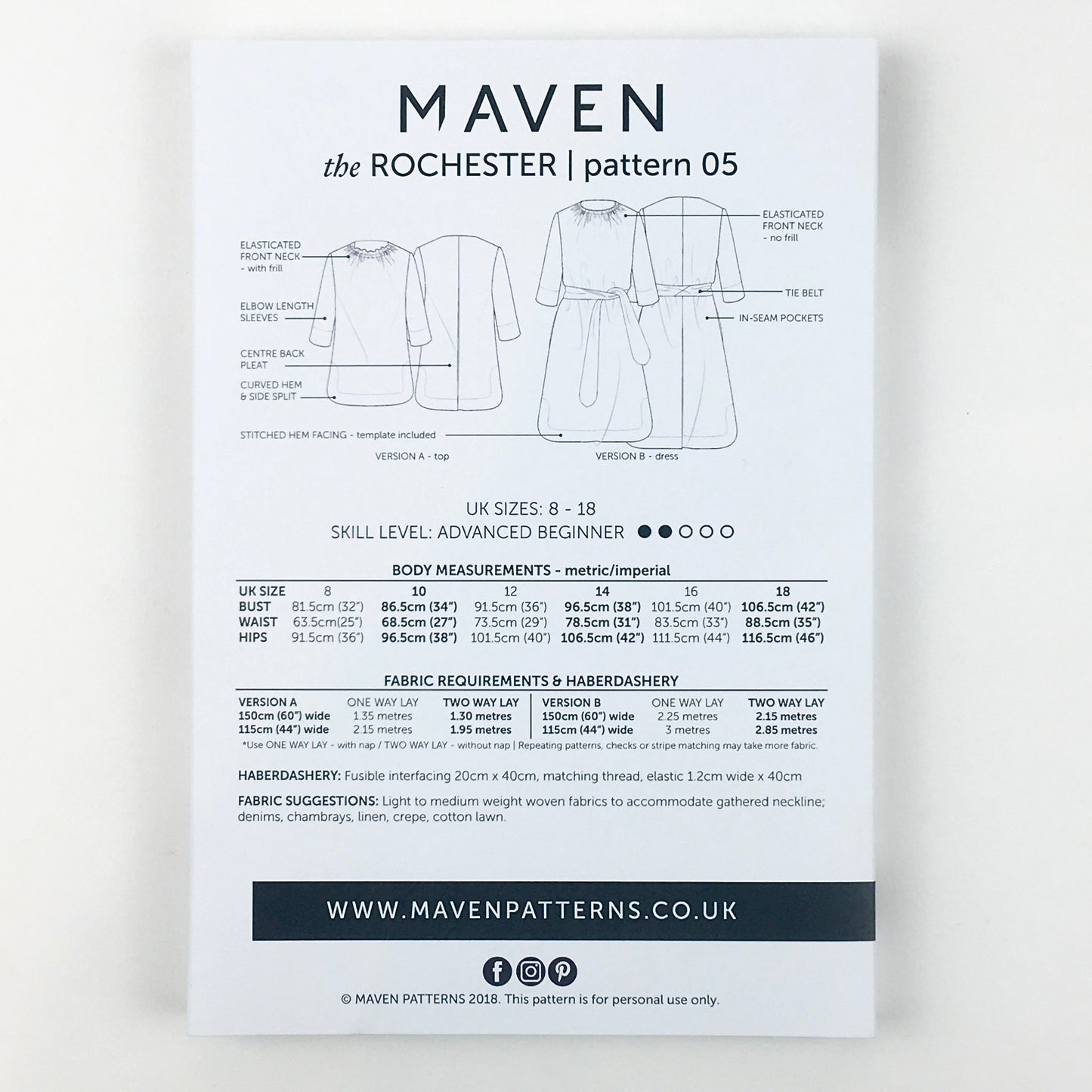VERSION A | The Rochester Top is mid-hip length and great to wear with jeans. VERSION B | The Rochester Dress is knee length with a self-tie belt and in-seam pockets. Indie sewing patterns, contemporary and modern sewing patterns made in the UK.