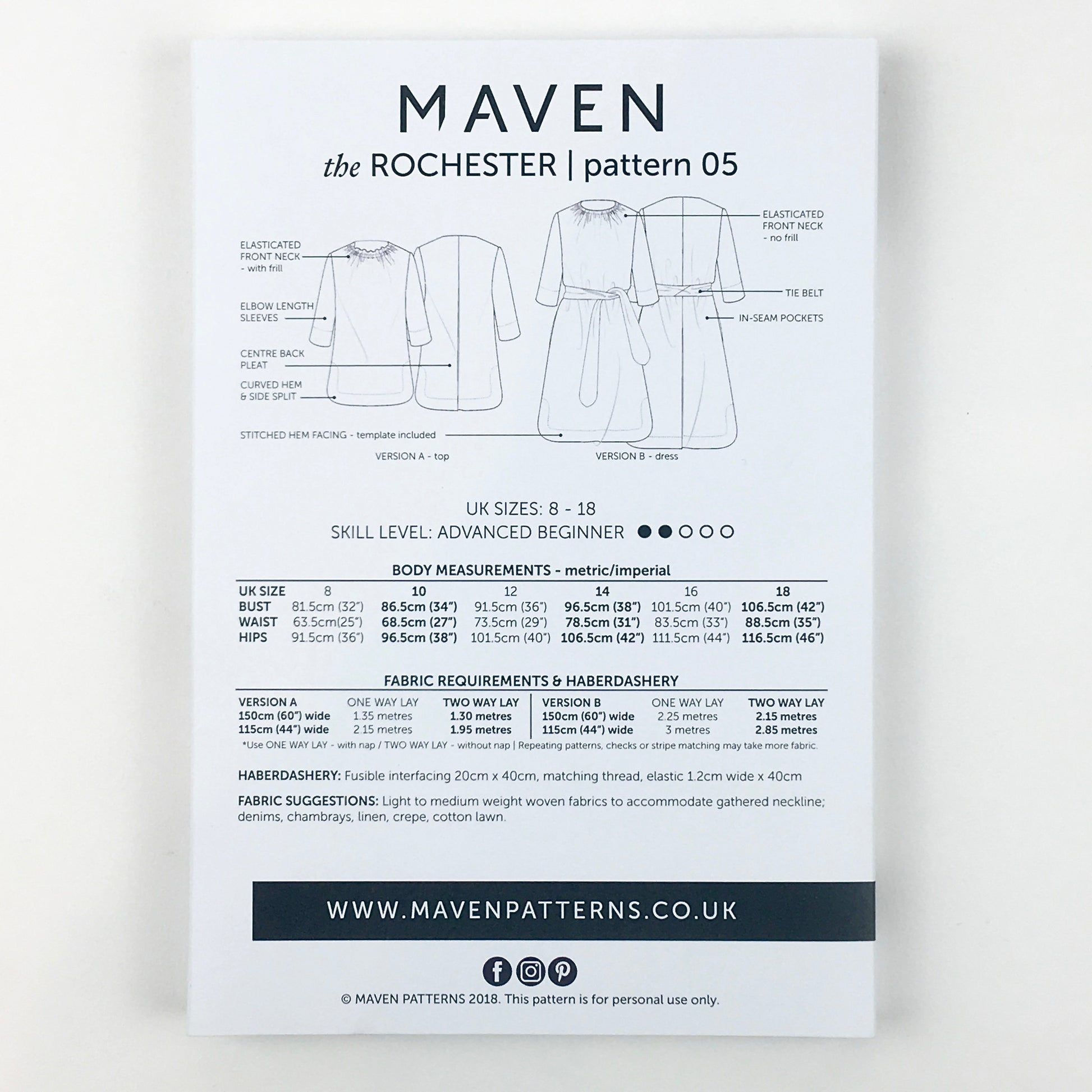 VERSION A | The Rochester Top is mid-hip length and great to wear with jeans. VERSION B | The Rochester Dress is knee length with a self-tie belt and in-seam pockets. Indie sewing patterns, contemporary and modern sewing patterns made in the UK.