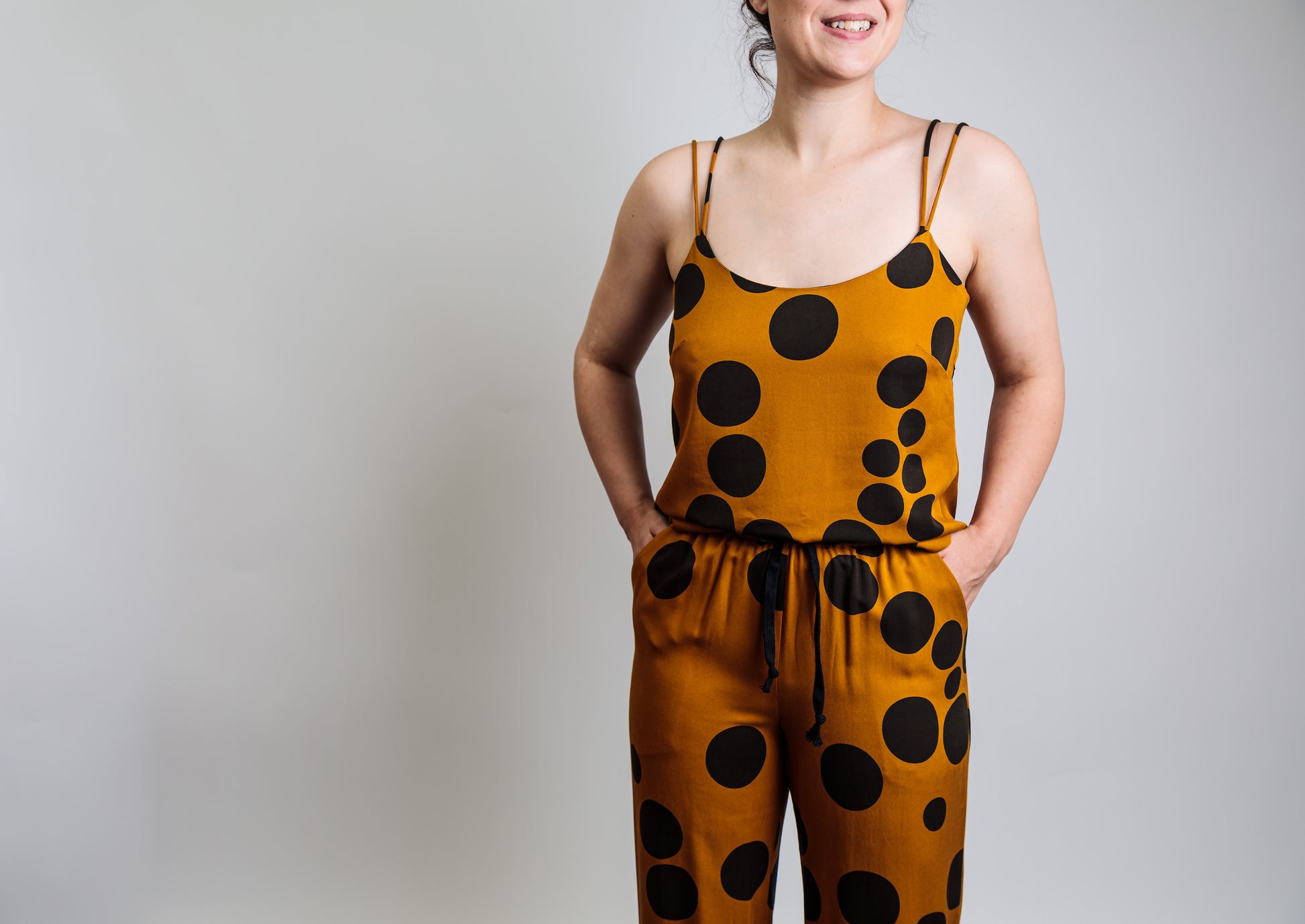 The Simone Set a camisole and pull on trouser sewing pattern, camisole, faux jumpsuit pattern indie sewing patterns, contemporary and modern sewing patterns made in the UK.