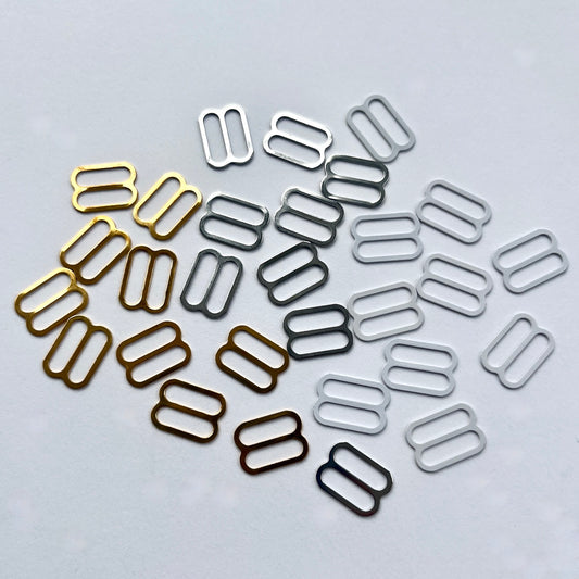 Bra strap slider adjuster for use within bra making and swimwear. Suitable for use with a 12mm wide strap.