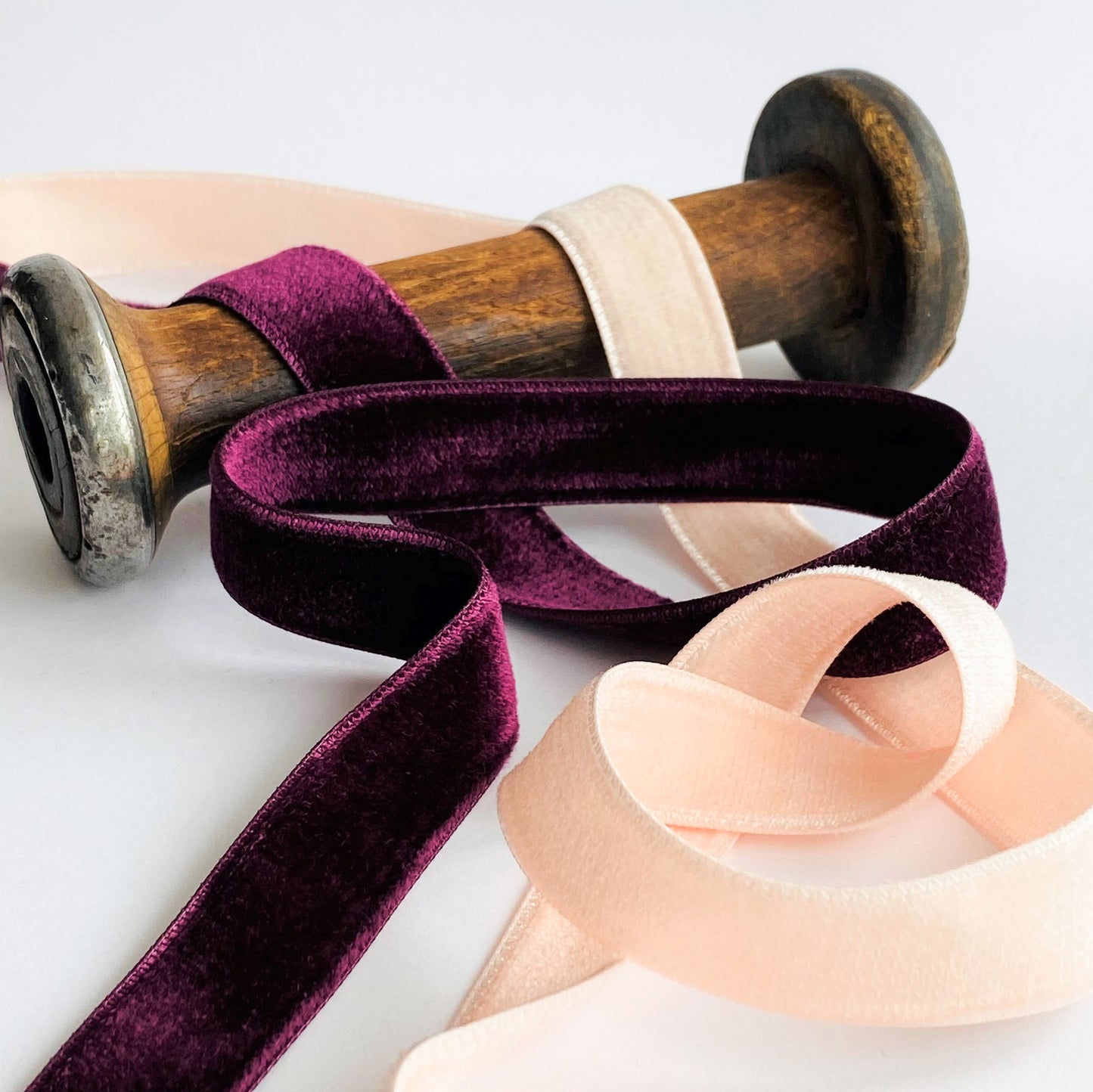 18mm Double Sided Luxury Velveteen Ribbon by MOKUBA A beautifully soft and luxurious double sided velvet ribbon by Mokuba . peach velvet, wine, merlot, aubergine velvet ribbon