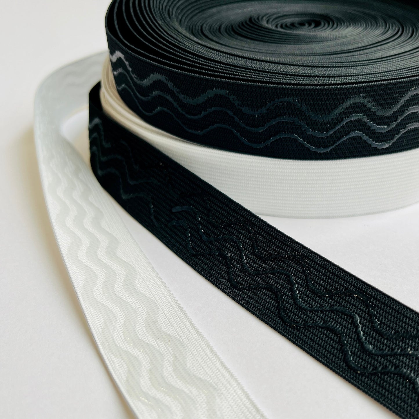 25mm, 1” soft anti-roll waistband gripper elastic for waists, bra straps and lingerie Non-slip silicone beaded gripper elastic. For use in any garment that requires elastic to stay in place when worn. The silicone acts as a gripper, that's not rigid, to help prevent slipping. Perfect for strapless garments, activewear, bra and lingerie making.
