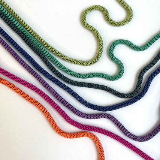 Colourful Round Hollow Mesh Chain for jewellery making, bag making, for dress straps and decoration. Nickel free and flexible.