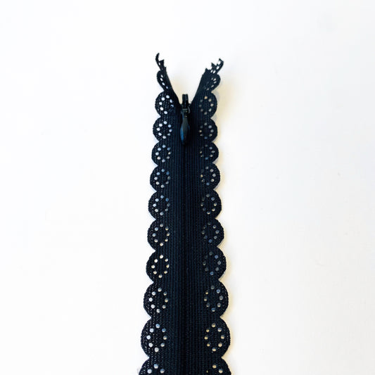 Lace Edged Invisible, Concealed zippers - 70cm long fancy dress zips, lightweight black invisible zips with scalloped edge design
