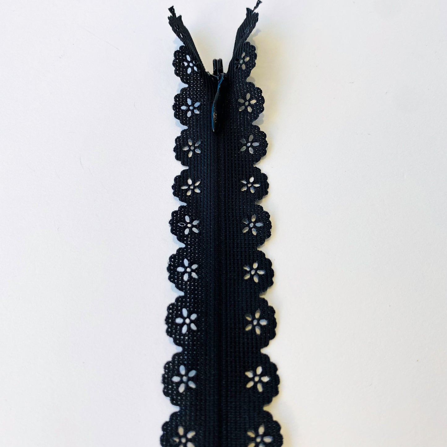 Lace Edged Invisible, Concealed zippers - 70cm long fancy dress zips, lightweight black invisible zips with decorative scalloped floral tape