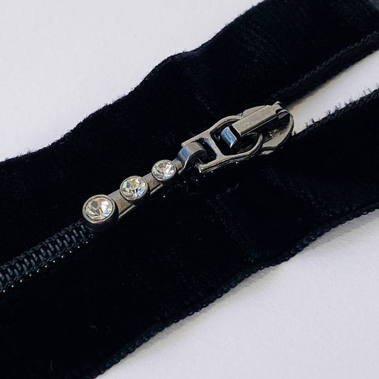 #4.5 Black Velvet Open End Zip with Rhinestone Puller - 70cm - Kleins Haberdashery