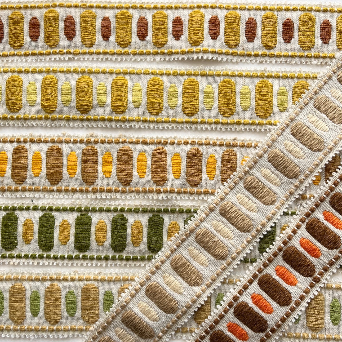 Vintage, retro upholstery trim in made by Dralon - Bayer Fibre textile, manufactured in the 1970s in 7 colours
