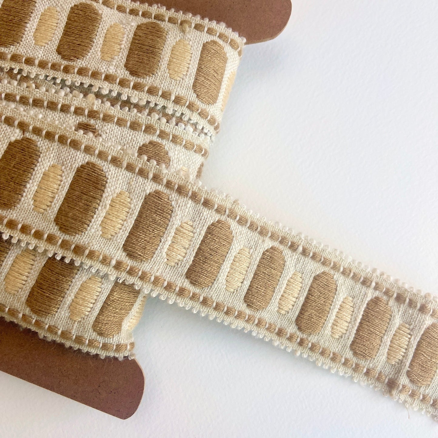 natural, neutral colour, Vintage, retro upholstery trim in made by Dralon - Bayer Fibre textile, manufactured in the 1970s.