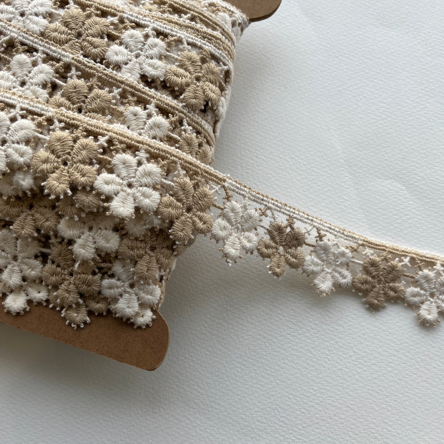 2 toned daisy design guipure lace edging trim. SOLD BY THE METRE Colour: taupe/ecru Width: 35mm (at widest point) Composition: cotton? Condition: Good. DEADSTOCK: This item is part of our deadstock range.