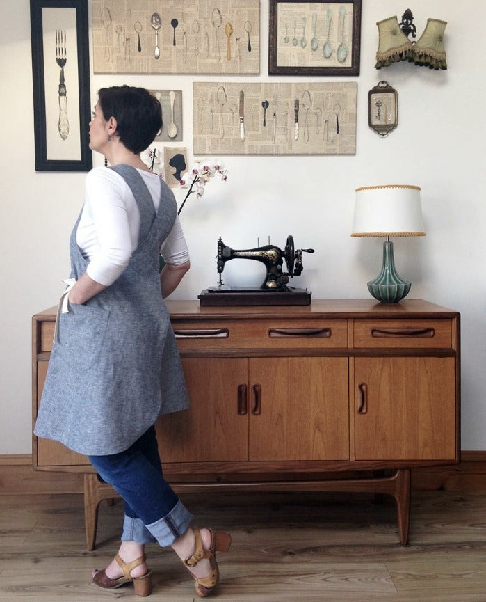 The Maria Apron sewing pattern, Japanese style cross back apron pattern indie sewing patterns, contemporary and modern sewing patterns made in the UK.