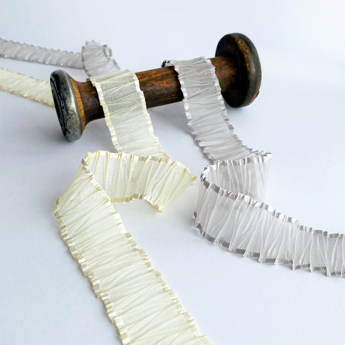 25mm Pleated Organza ribbon by MOKUBA A beautifully soft pleated Organza Sheer ribbon trim by Mokuba, carefully gathered, which comes in two delightful colours. Col: Grey 05 and Gold 12