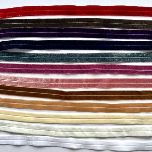Stretch Velvet fold over elastic (FOE). 16mm wide with a centre fold. Use as a binding for stretch fabrics, for straps, lingerie and underwear making, headbands, hair ties, dancewear and active wear projects.