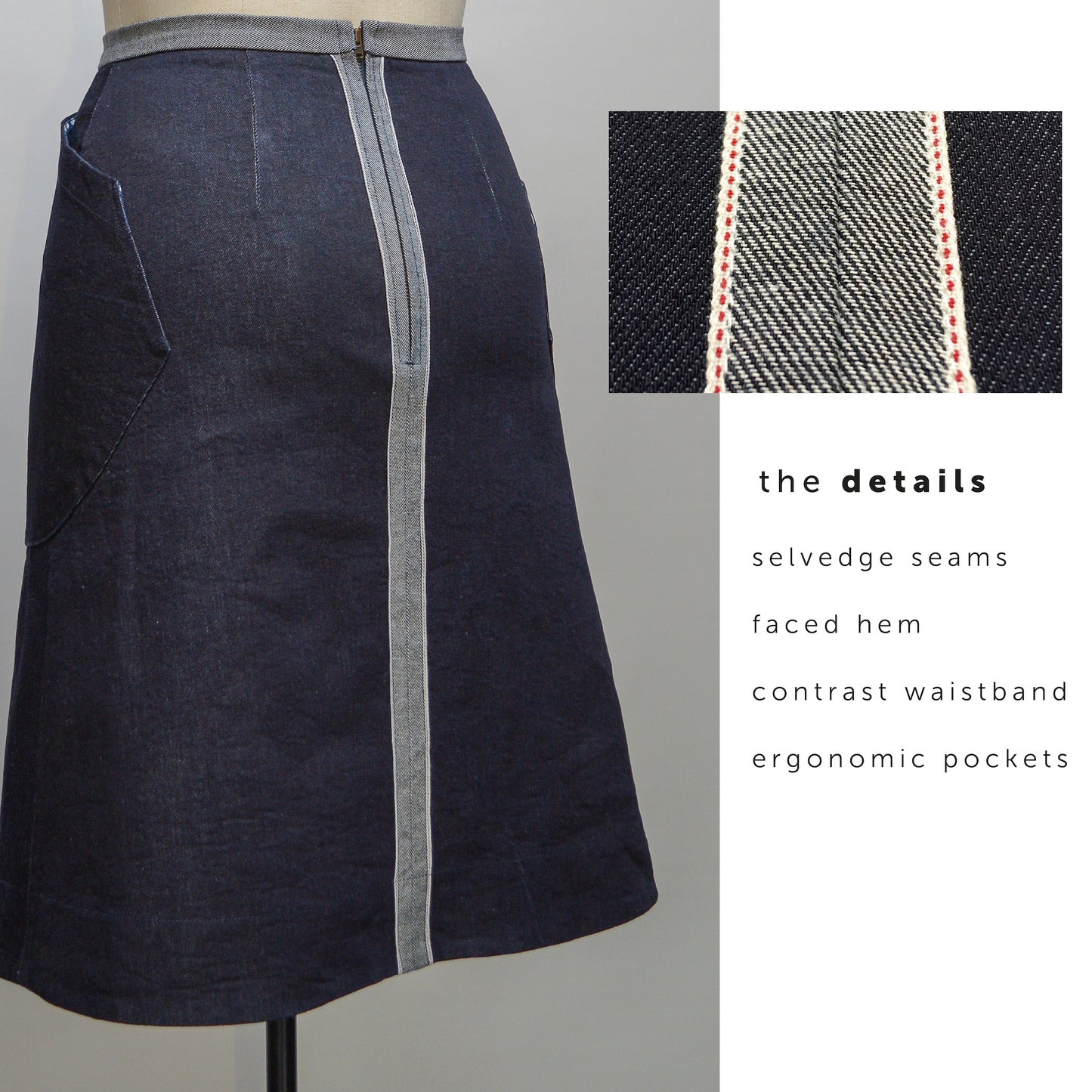 The Good Times Skirt with huge pockets, denim skirt sewing pattern. indie sewing patterns, contemporary and modern sewing patterns made in the UK.