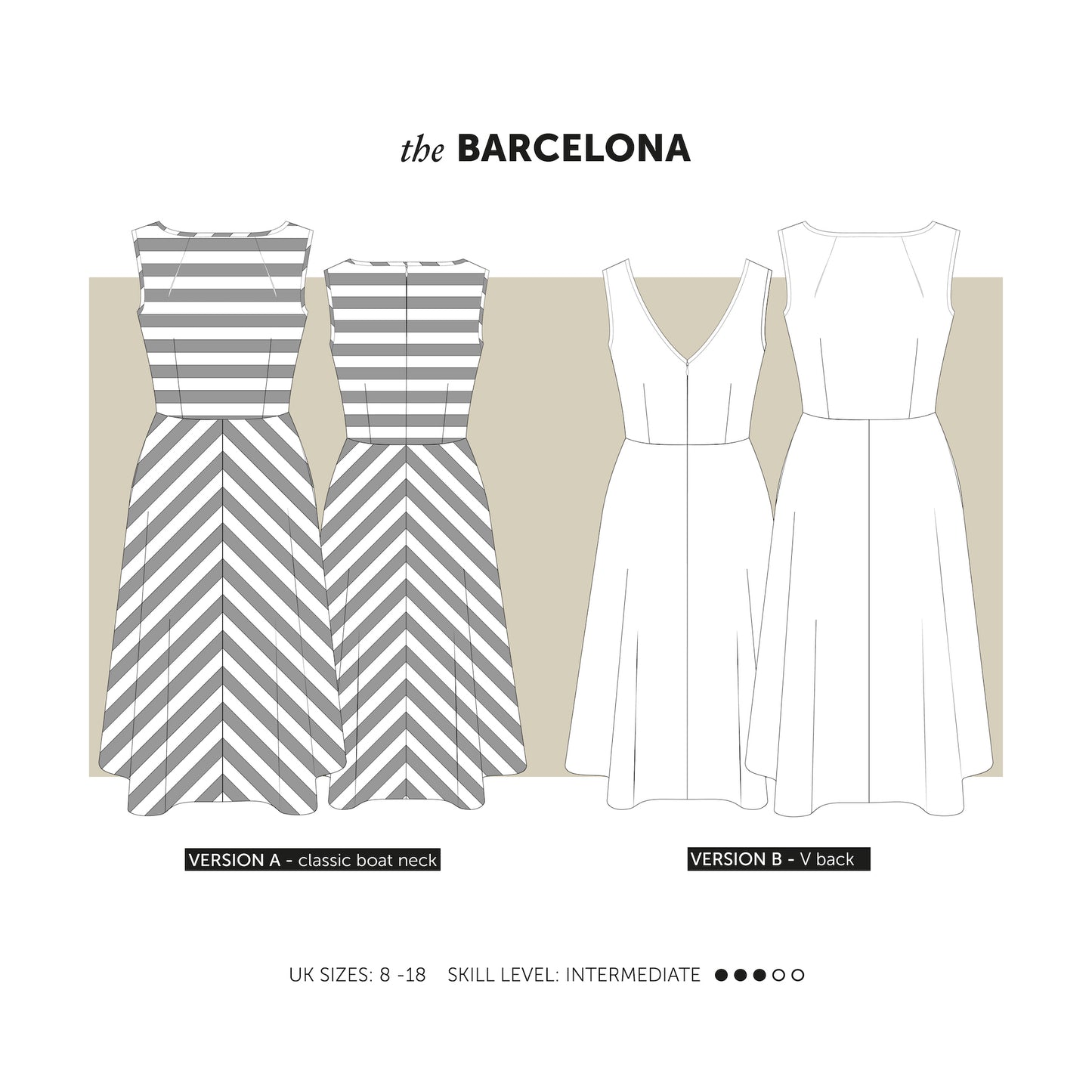 The Barcelona sewing pattern is the perfect dress to take you from day to evening with 2 bodice options – a classic boat neck or a sassy V back. Indie sewing patterns, contemporary and modern sewing patterns made in the UK.