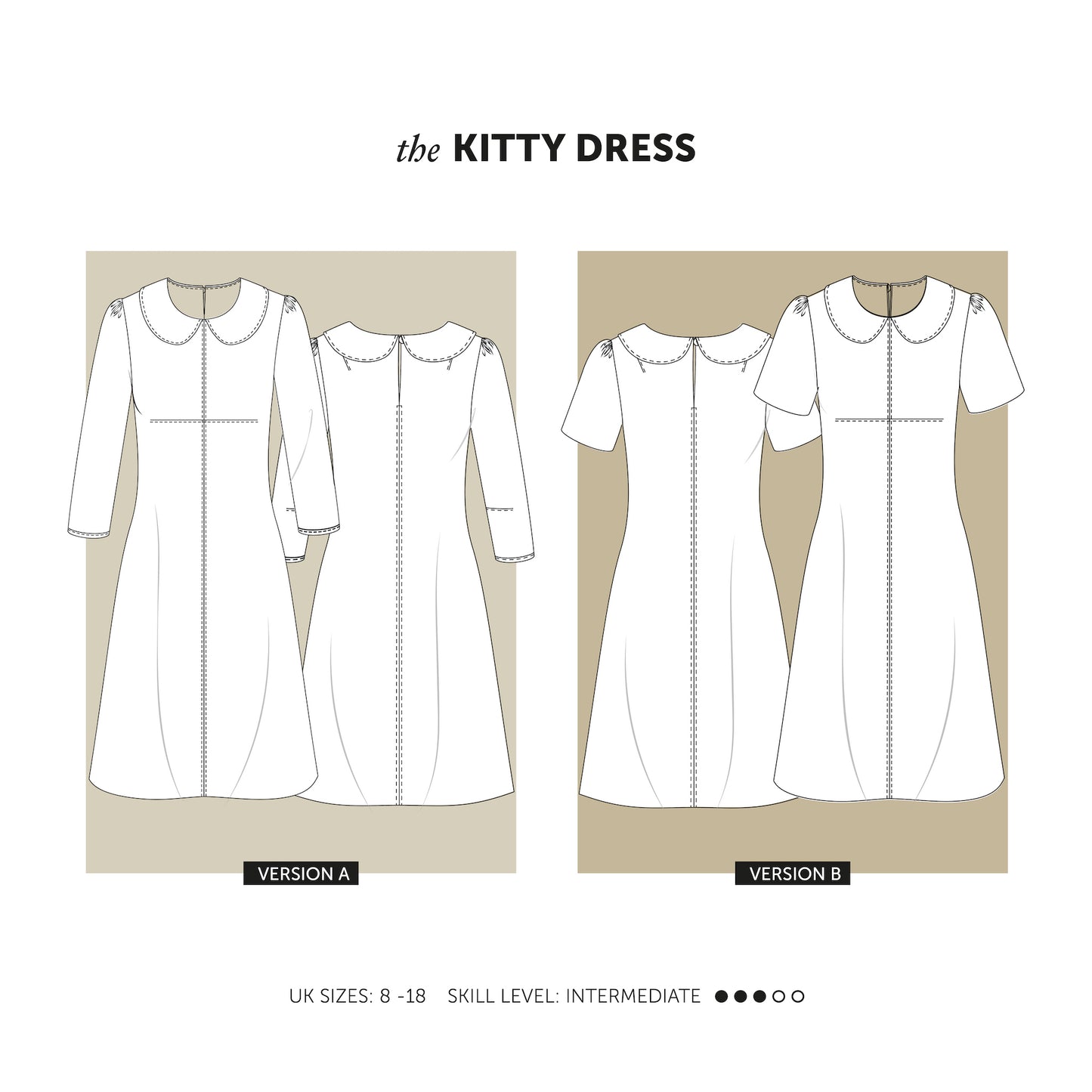 The Kitty Dress sewing pattern with a peter pan collar and long sleeve. Indie sewing patterns, contemporary and modern sewing patterns made in the UK.