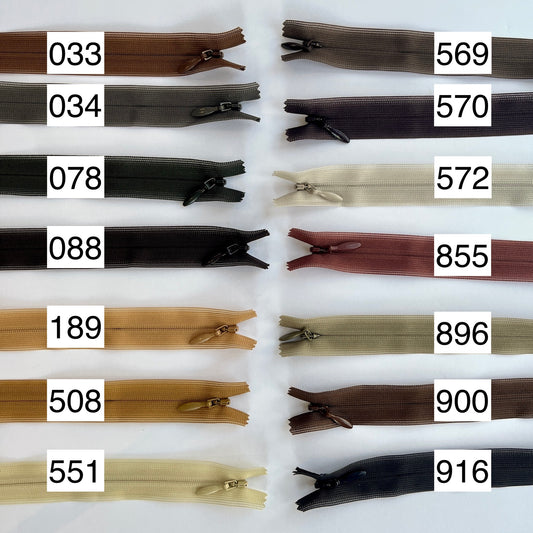 YKK Lightweight Invisible zip in Brown shades - 66cm (26") length, Lightweight invisible, concealed zip with closed-end for dressmaking.