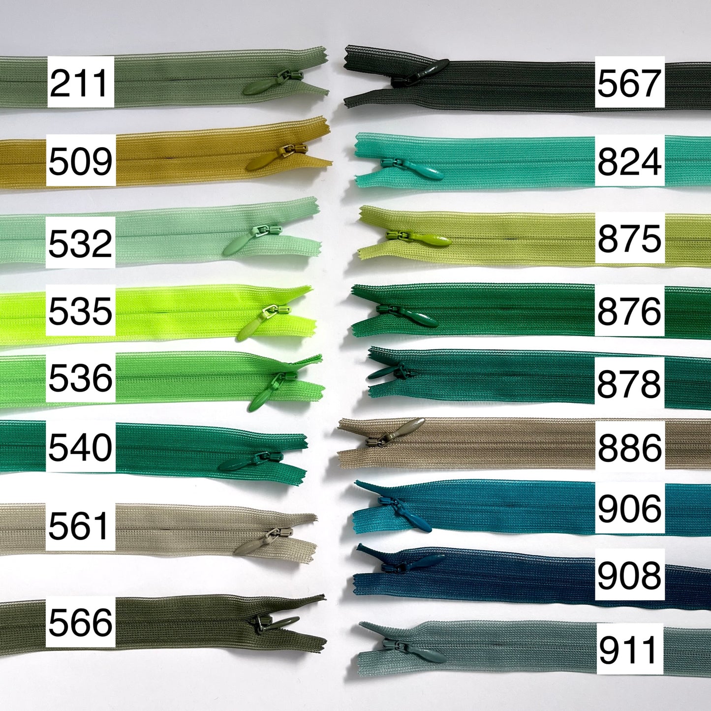 YKK Lightweight Invisible zip in Green and Olive shades - 66cm (26") length, Lightweight invisible, concealed zip with closed-ended for dressmaking.