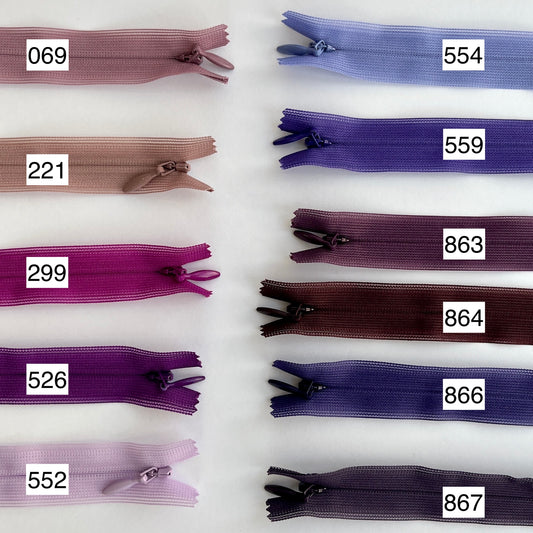 YKK Lightweight Invisible zip in purple shades - 66cm (26") length, Lightweight invisible, concealed zip with closed-end for dressmaking.