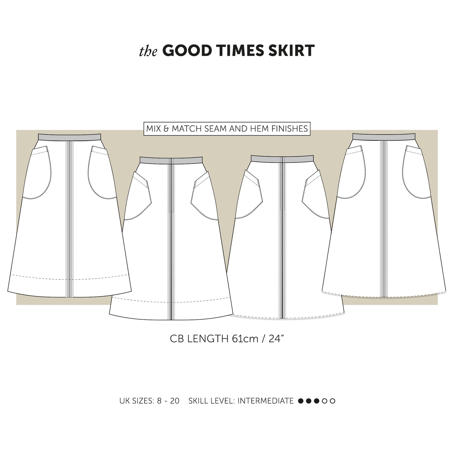 The Good Times Skirt with huge pockets, denim skirt sewing pattern. indie sewing patterns, contemporary and modern sewing patterns made in the UK.