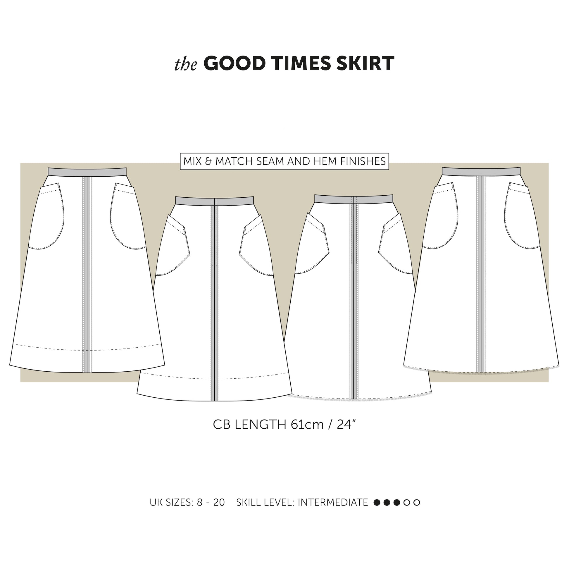 The Good Times Skirt with huge pockets, denim skirt sewing pattern. indie sewing patterns, contemporary and modern sewing patterns made in the UK.