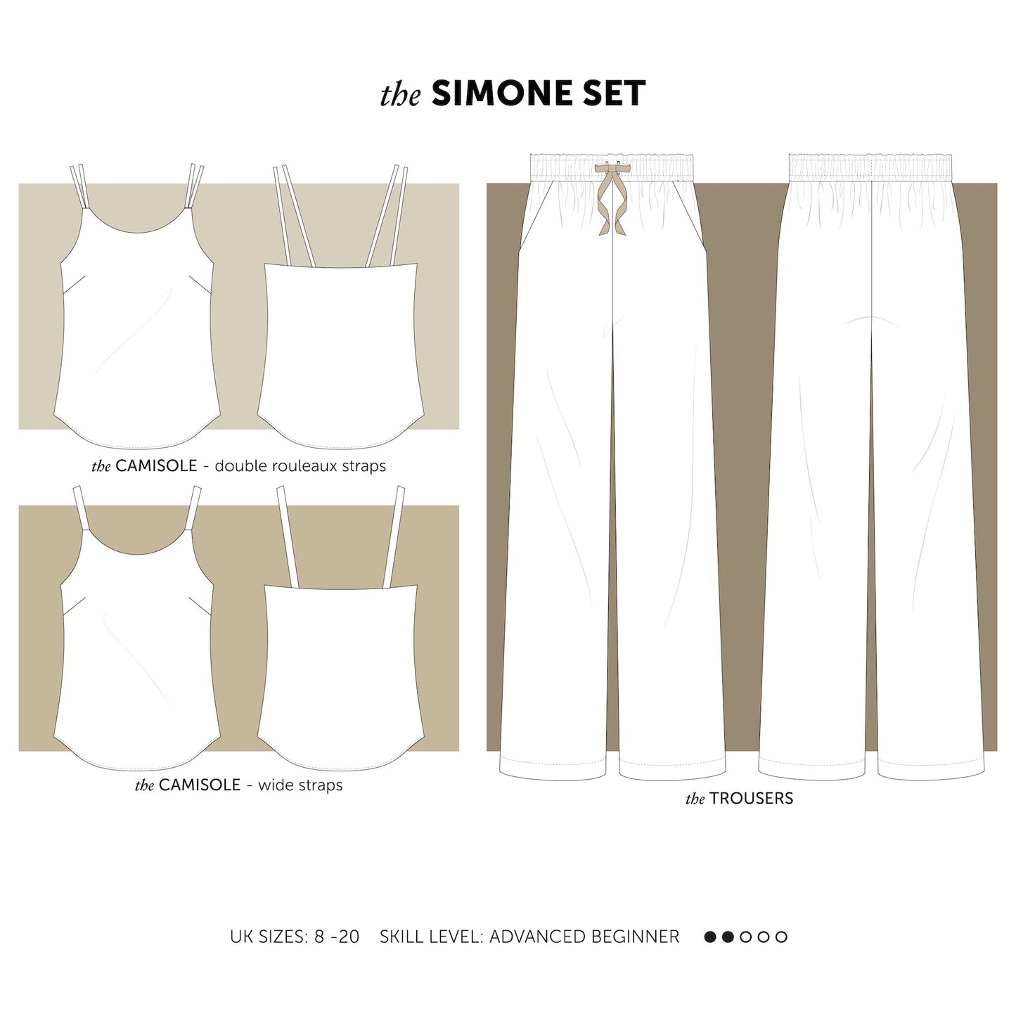The Simone Set a camisole and pull on trouser sewing pattern, camisole, faux jumpsuit pattern indie sewing patterns, contemporary and modern sewing patterns made in the UK.