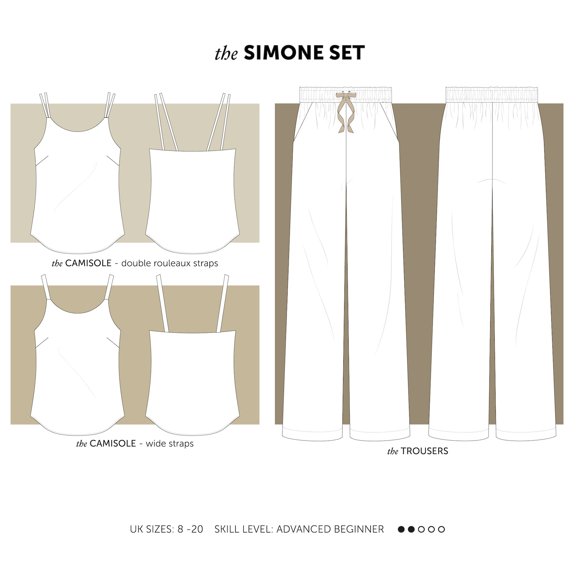 The Simone Set a camisole and pull on trouser sewing pattern, camisole, faux jumpsuit pattern indie sewing patterns, contemporary and modern sewing patterns made in the UK.