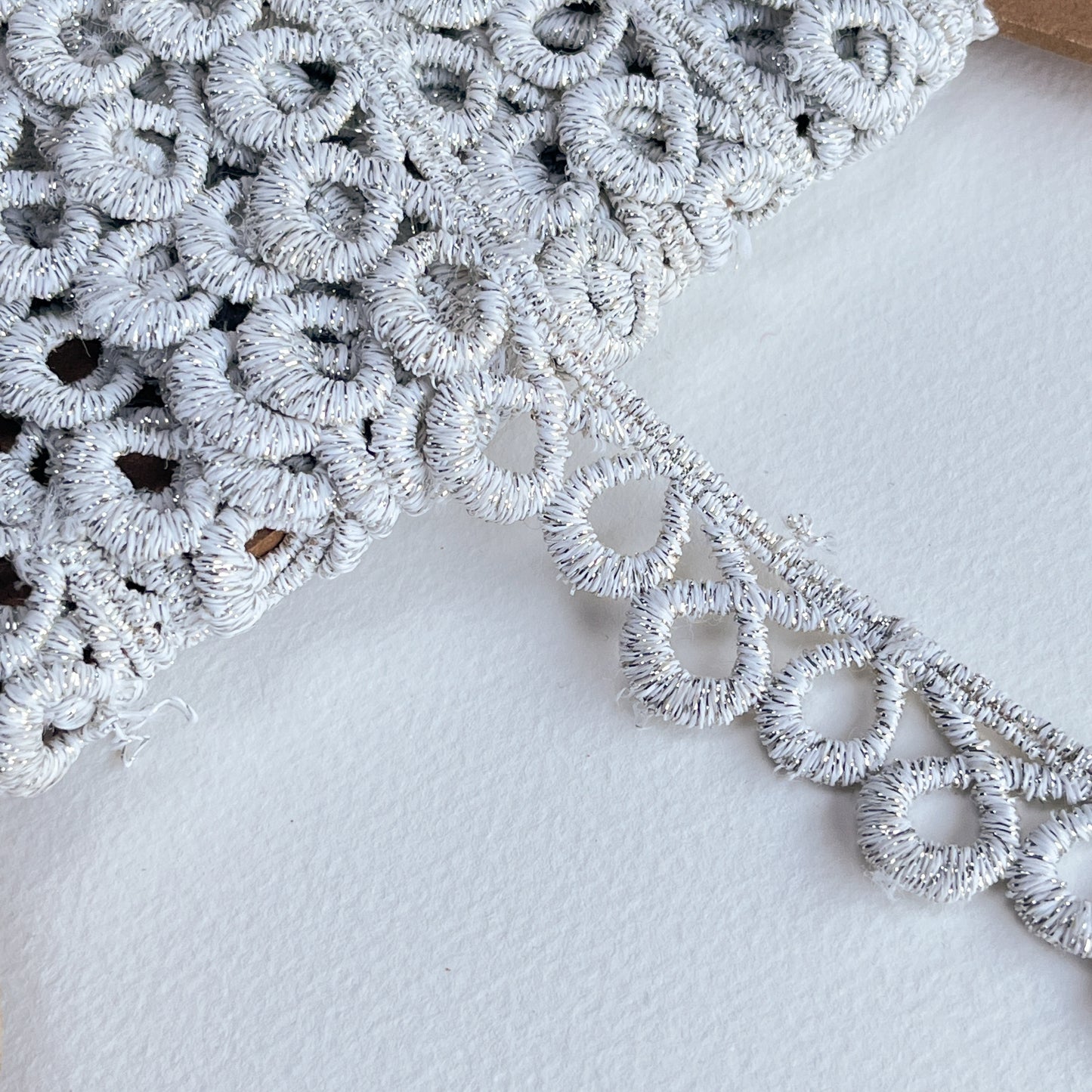Lurex Guipure Lace Trim - silver. Luxury lurex lace edging trim with elegant loop design
