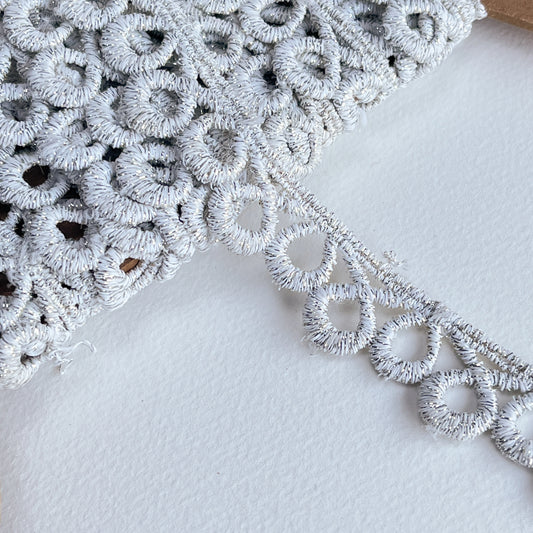 Lurex Guipure Lace Trim - silver. Luxury lurex lace edging trim with elegant loop design