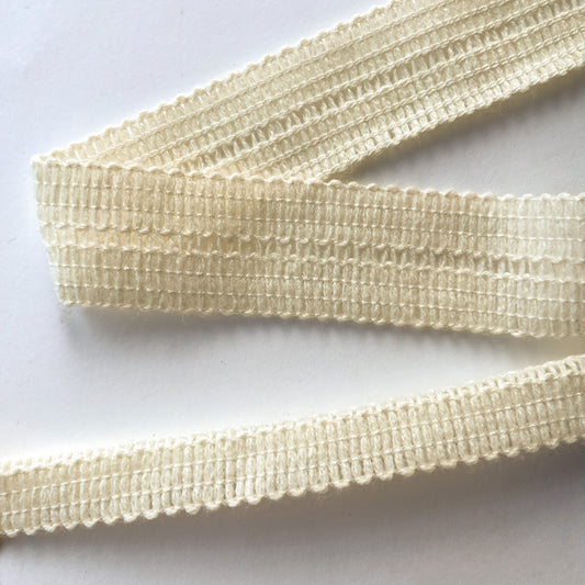 Close up of Cream 17mm Knitted fold over Binding Tape 