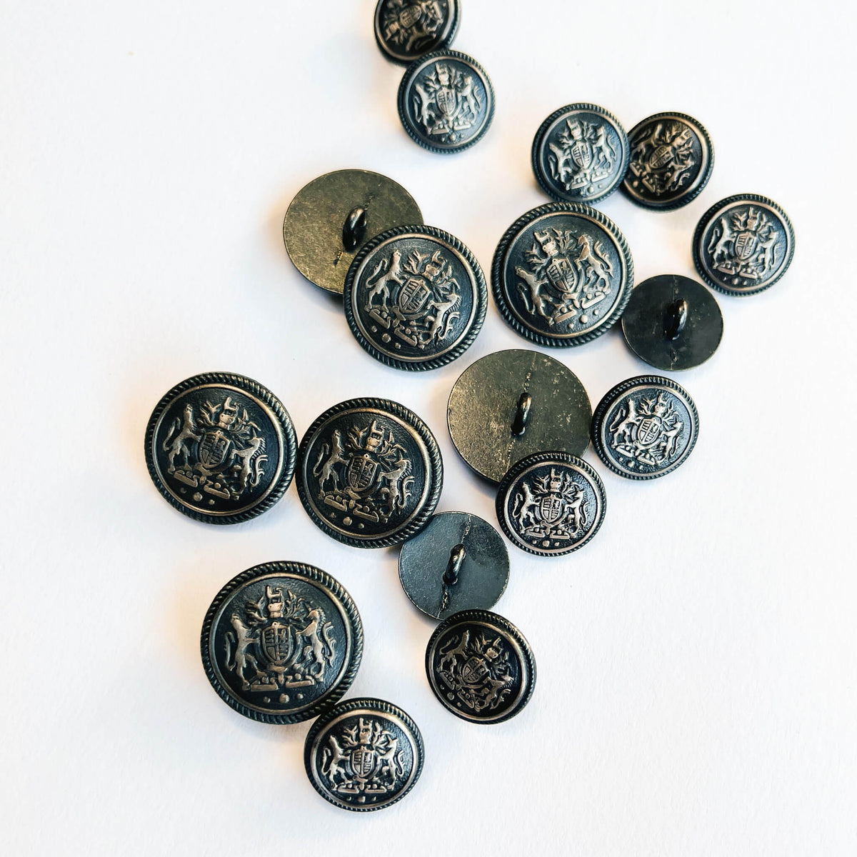 British Royal Coat of Arms, Unicorn Shield Buttons - 15mm + 20mm / Antique Silver