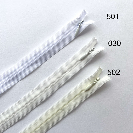 Three zippers labeled 501, 030, and 502 on a white background