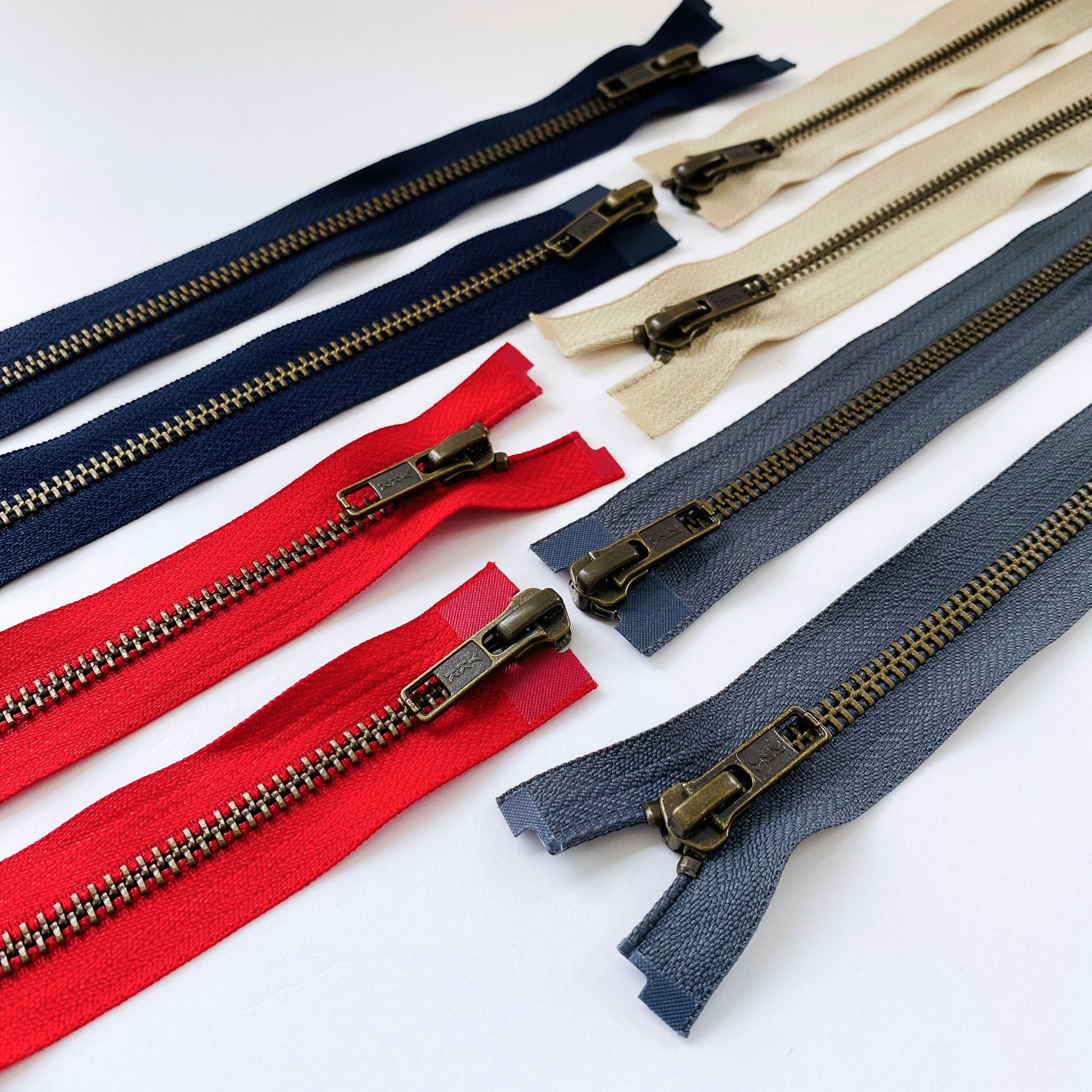Red, Navy and grey YKK #5 antique gold 2-way double open-end metal zip, 100cm Haberdashery