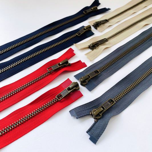 Red, Navy and grey YKK #5 antique gold 2-way double open-end metal zip, 100cm Haberdashery