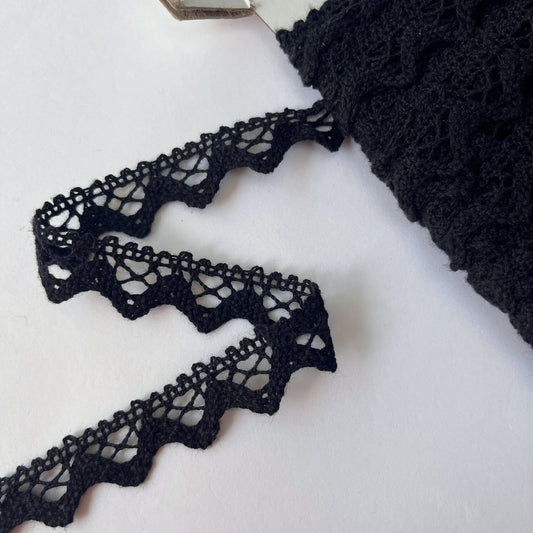 Black Cotton Pointed Scallop Lace Trim  on a white background