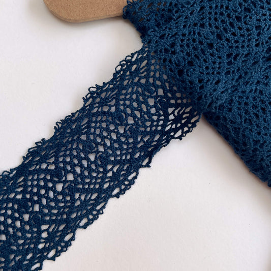 Wide Blue Duchesse Cotton Lace trimming on a white background