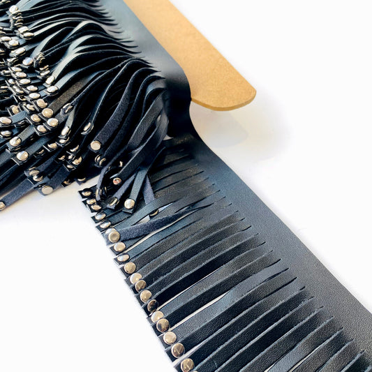 7cm Black Faux Leather Fringe with silver studs