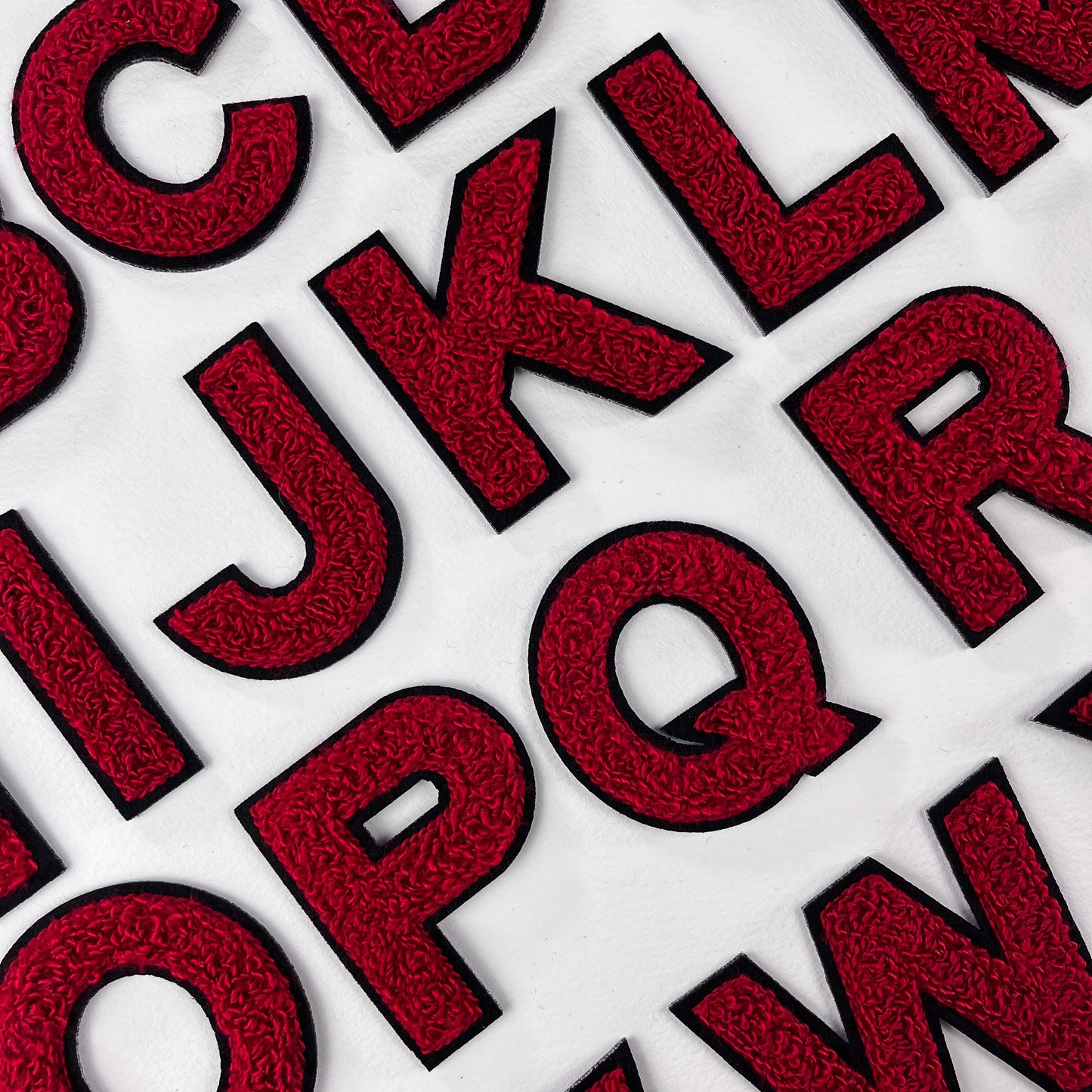 Small Red on Black Chenille Iron On Varsity letters