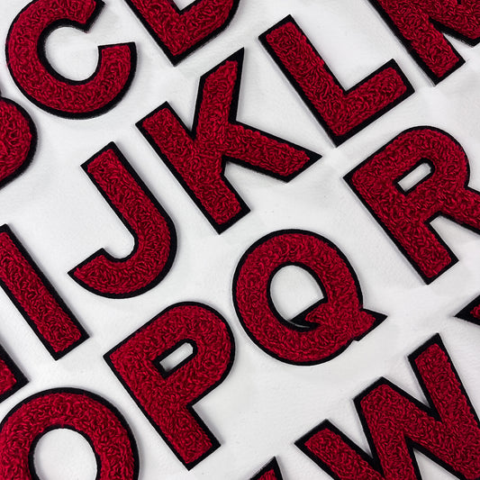Small Red on Black Chenille Iron On Varsity letters