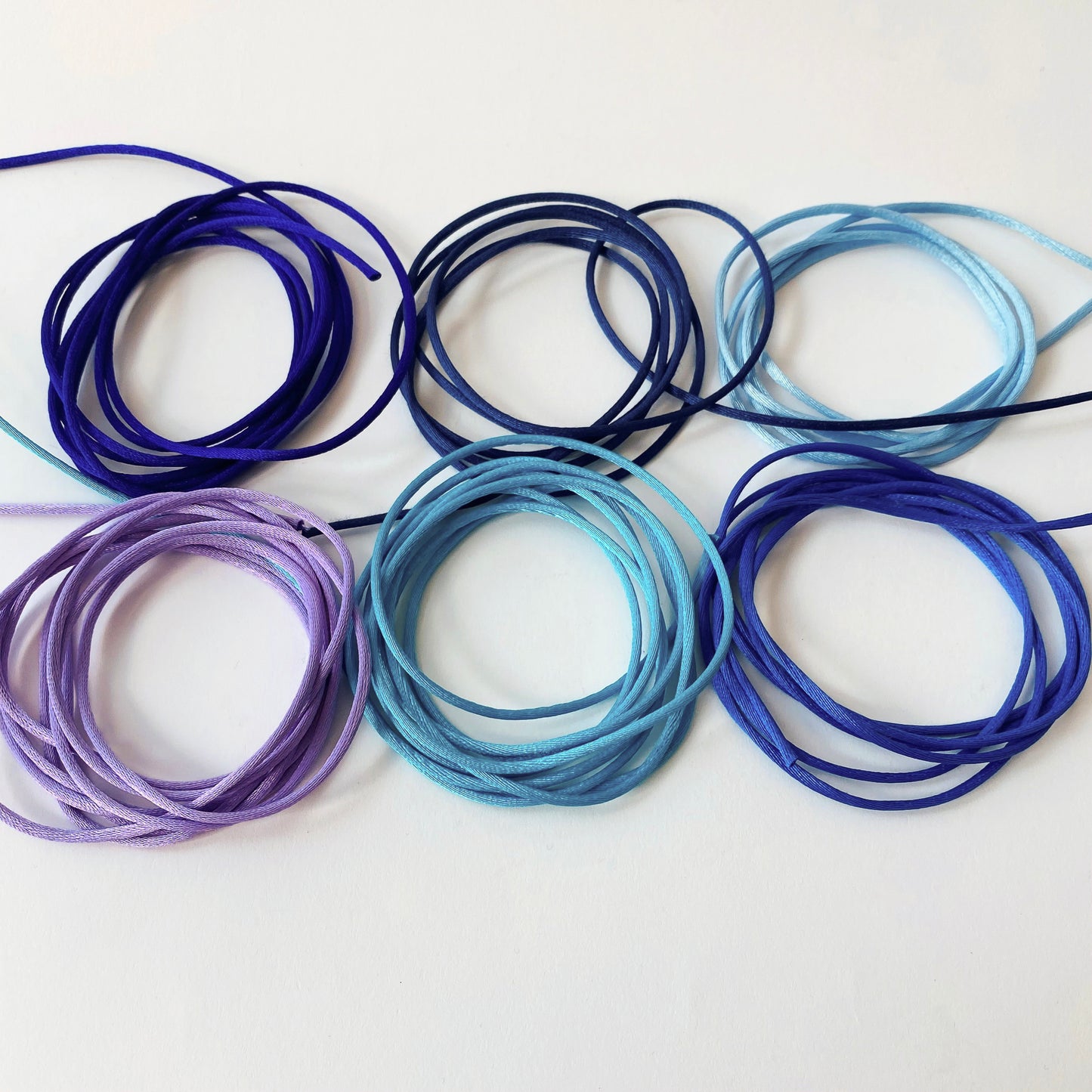 2mm satin rat tail cord in blue and purple shades