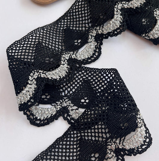 Scalloped Black & Silver Lace - 2.45m piece